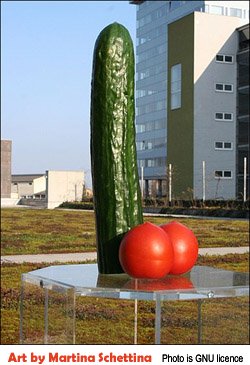 Best Funny Jokes - photo of penis-like cucumber and tomatoes sculpture - art by Martina Schettina