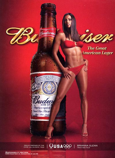 Budweiser beer commercial - Woman, Brianna Glenn standing in bikini and high heels next to a Budweiser bottle - alcohol ads at their best