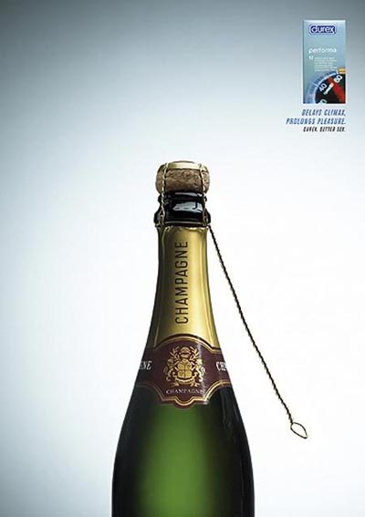 Durex Performa. Delays Climax, Prolongs Pleasure. Funny condom ads with an unopened bottle of champagne.