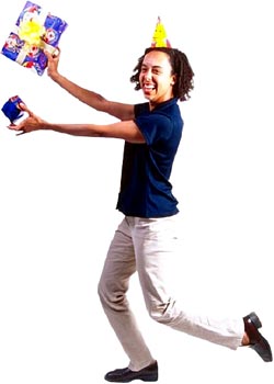 Funny picture of young man running with two presents in his hands.