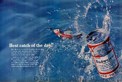 Great Budweiser ads - Beer can caught on fishing rod in the water. The best beer ads