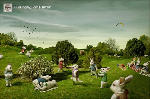 Tulipan condoms ads example: Bunnies in a park - fun now, kids later
