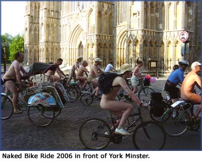 Funny facts and nudism: Photo of the Naked Bike Ride, York Minster.