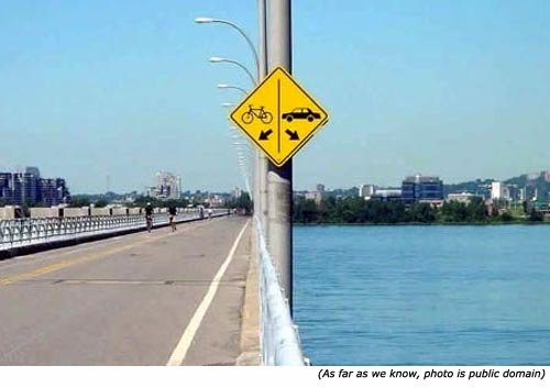 Funny traffic signs on bridge with bike and car. 