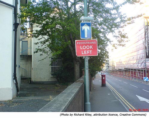 Silly stupid signs: Pedestrians look left (right into a wall)!