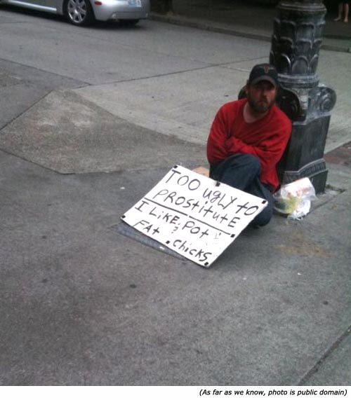 Hilarious signs made by homeless man. To ugly to prostitute. I like pot and fat chicks.