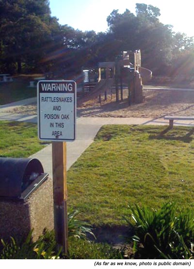 Funny warning: rattlesnake and poison oak in the area. Playground in the background
