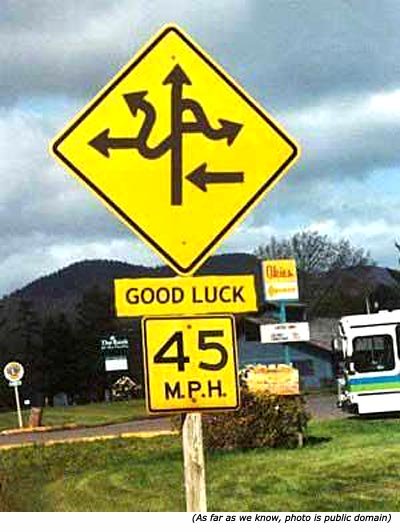 Funny traffic sign with lots of arrows in all directions: Good Luck. 45 M.P.H.!