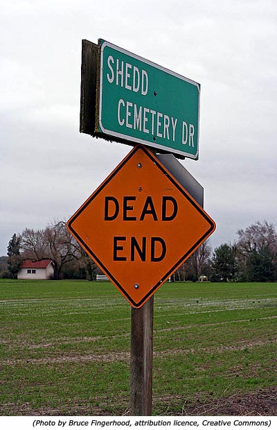 Funny traffic sign and funny cemetery sign: Shedd Cemetery! Dead End!