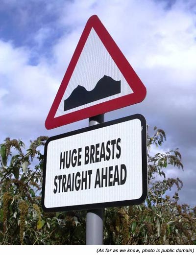 Hilarious traffic sign: Huge breasts straight ahead!