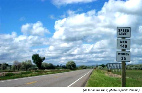 Hilarious funny road signs and funny speed limit signs: Speed Limit. Men 140. Women 35!