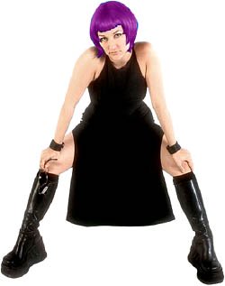 Goth girl in black clothes and purple hair.