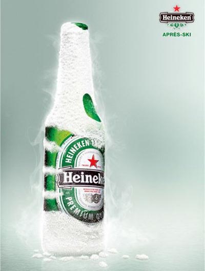 Heineken ads - hand on bottle - after ski alcohol ads