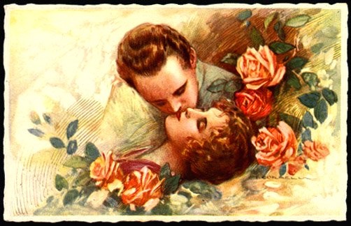 Vintage postcard - drawing of couple in love kissing - with roses