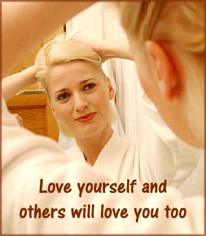 Love: Woman looking at herself in the mirror smiling doing her hair.