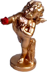 Photo of statue of cupid holding a red rose