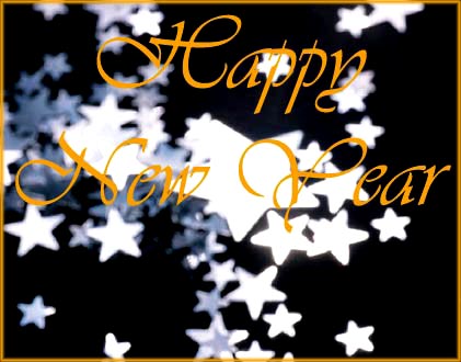 Happy New Year card with silver stars and golden writing.