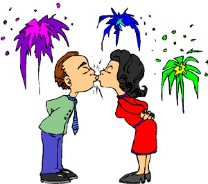 Drawing of man and woman kissing in front of fireworks.