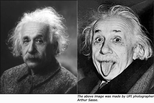 Picture of Einstein with funny hair and sticking out his tongue.