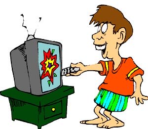 Funny drawing of man in front of TV with remote.
