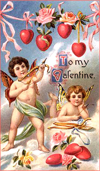 Two cupids with colorful butterfly wings holding bow and arrows on a free printable Valentine card. 