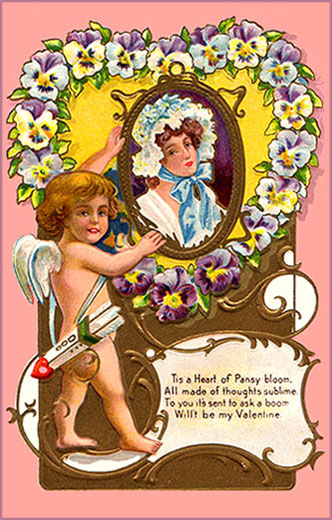 Cute Valentine Cards to print: Little cupid holding a picture with a woman and lots of purple pansies forming a heart.