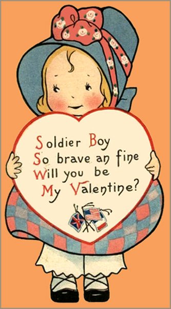 Old Valentine Card made during the war. Little girl holding a heart with a love poem for Valentines Day.