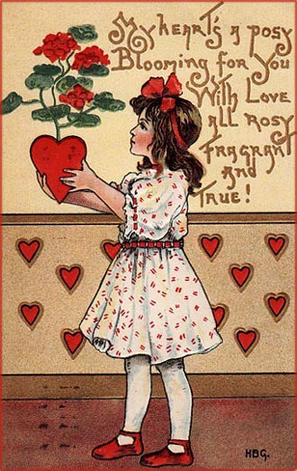 Little girl holding red roses in a pot shaped as a red heart. Lovely printable Valentines.