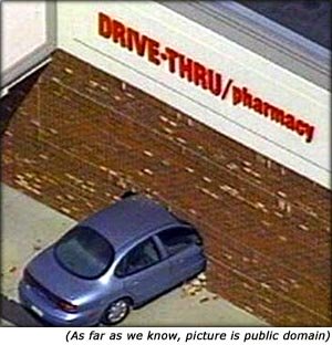 Qutoes on car insurance: Funny car accident of car crashing into drive through pharmacy.