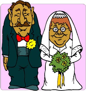 Funny drawing of odd married couple. 
