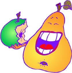 Short hilarious jokes: Funny drawing of orange pear eating an apple.