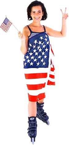 State Motto: photo of happy American girl wearing an American flag and holding an American flag in her hand.