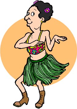 Slogans for Hawaii: funny drawing og female tourist doing a hawaii dance, the hula dance.