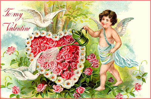 Vintage Valentines Pictures: A cupid watering a heart filled with roses.
