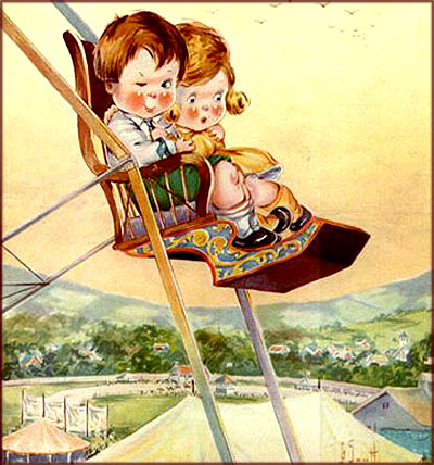Children high up on Ferris wheel.