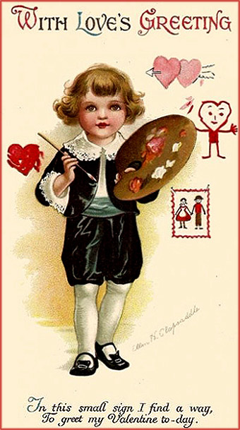Free Valentine Day card: Little boy with painting palette in his hand.