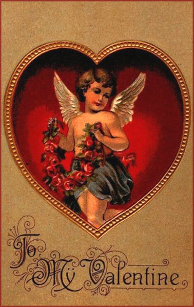 Many Vintage Valentine cards feature cupids. Here is a cupid with a band of red roses.