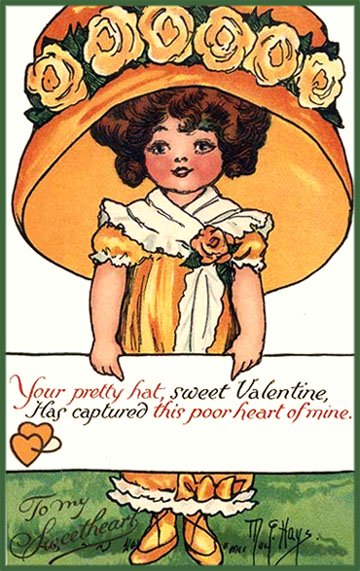 Free Printable Valentine picture. Girl in orange holding sweet Valentine Poems. 