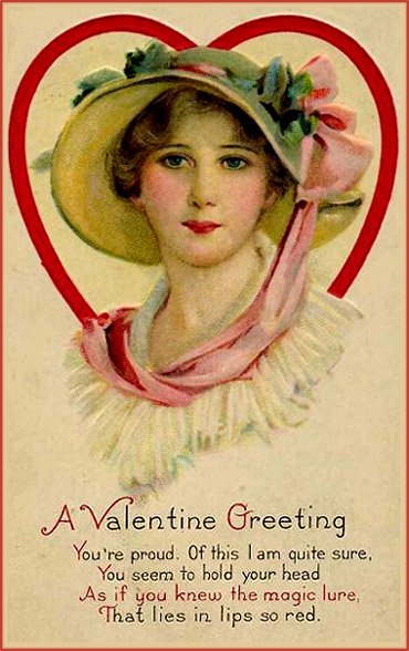 Old Free Valentine Card. Potrait of young woman and Valentine Poems.