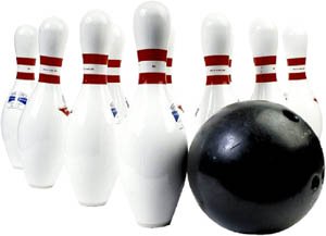 Go bowling for Valentine: Photo of bowling ball and white bowling pins.