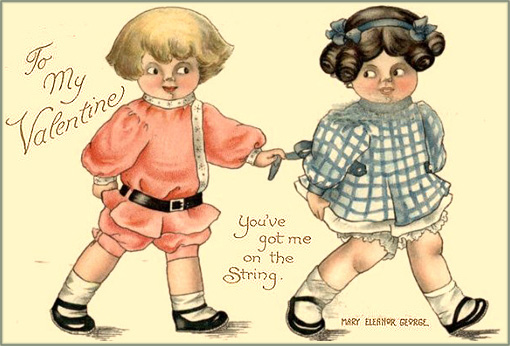 Free Valentines Day cards: little boy holding on to a little girl by a ribbon in her dress