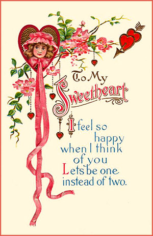 Vintage Valentine card of a little girl inside a heart with long pink ribbons hanging down.