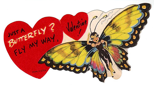 Free Valentines Day pictures: Old Valentine picture of woman butterfly and two hearts with a Valentine greeting.