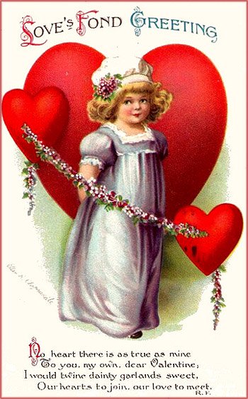 Free Valentine in vintage style: Little girl with big red hearts and a garland of flowers.