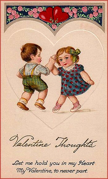 Vintage Valentine picture of a little girl and a little boy dancing inside a white heart.