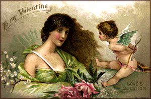 Free Valentine Day picture: Old Valentine card of woman and Cupid hiding his bow and arrow.