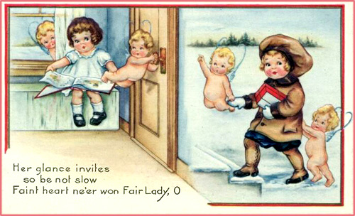 Valentine greeting cards: Two children and four little cupids.