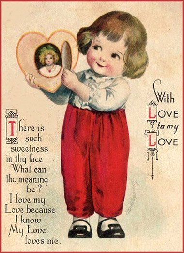 Cute boy with red pant and a locket with a woman inside: Vintage Valentine cards.