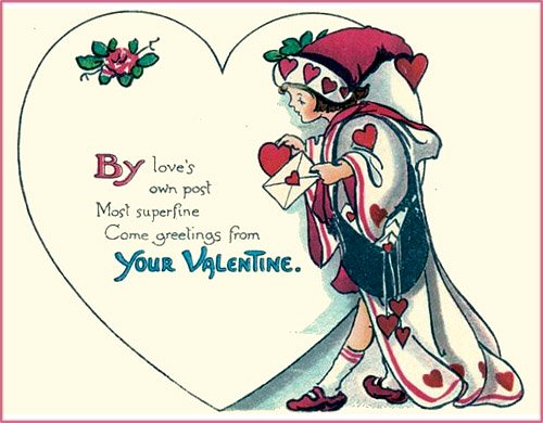 Free Valentine Card: Little child as messenger boy with a Valentine greeting card.