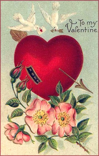 Vintage Valentine's Day cards: Two white doves, a big heart and rose twig with roses.